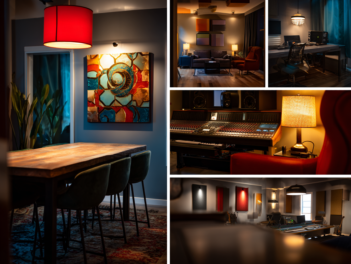 Collage of residential apartment, office space, music studio, and restaurant with acoustic panels